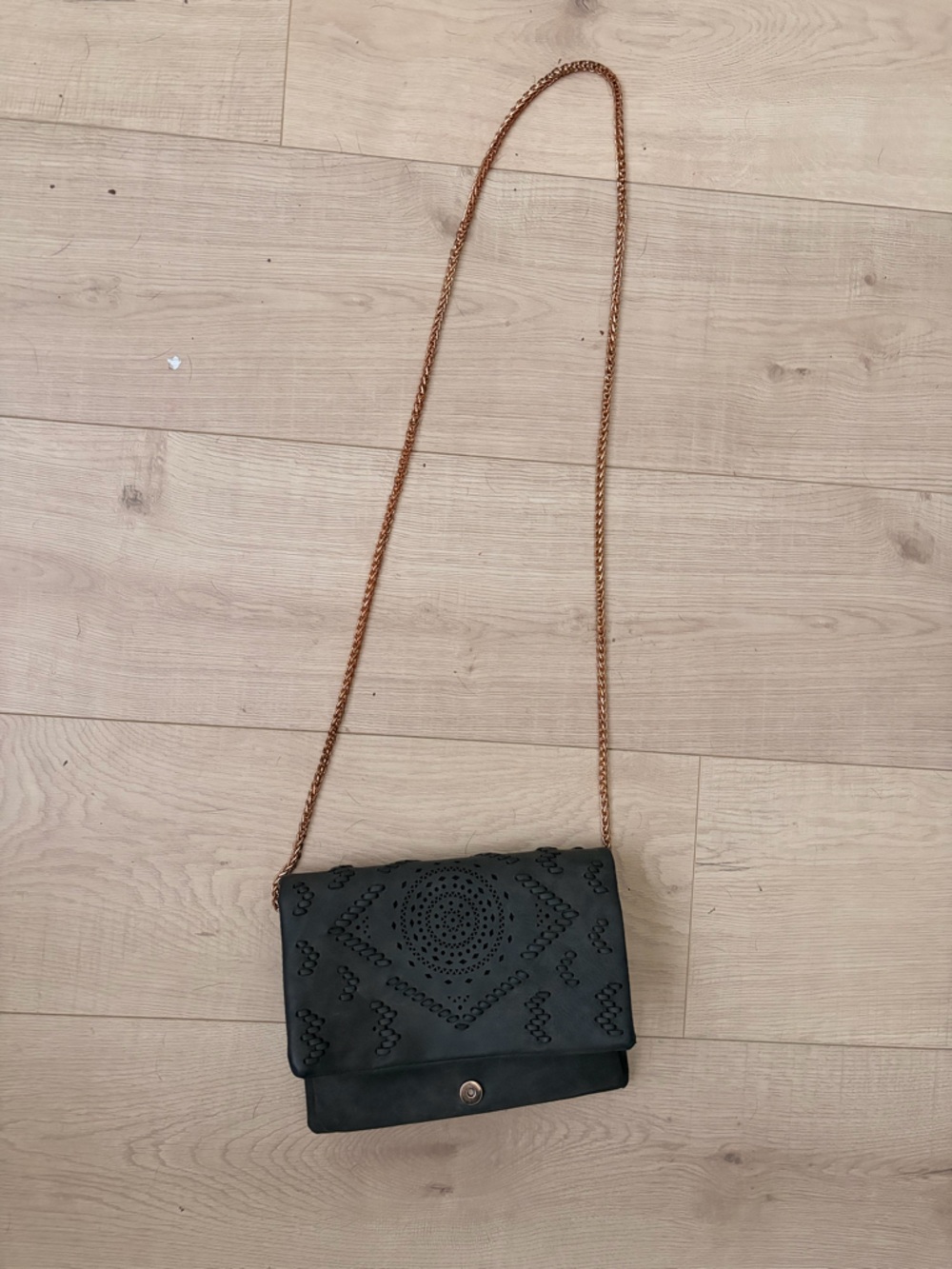 Black Laser-Cut Crossbody Bag with Chain Strap